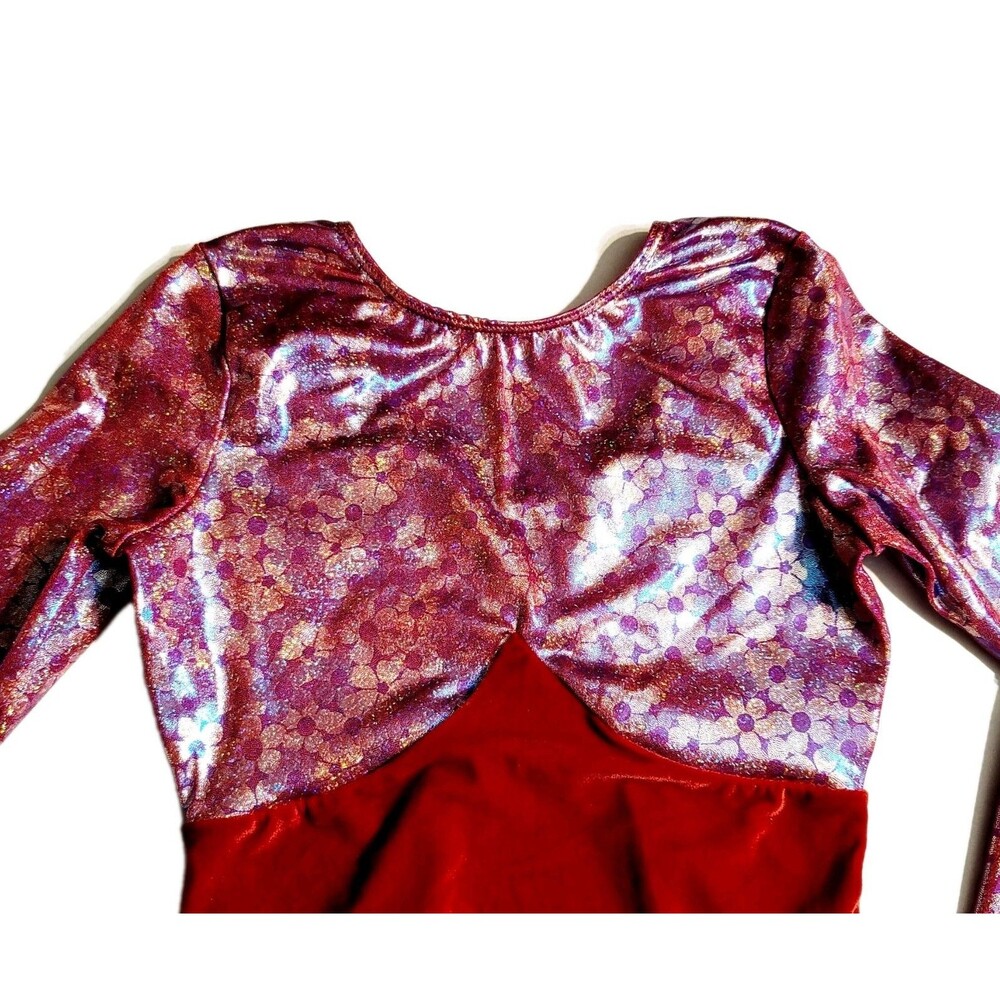 GK Elite VTG Red Velvet Floral Holographic LS Keyhole Leotard Size AM Adult M - Picture 9 of 16